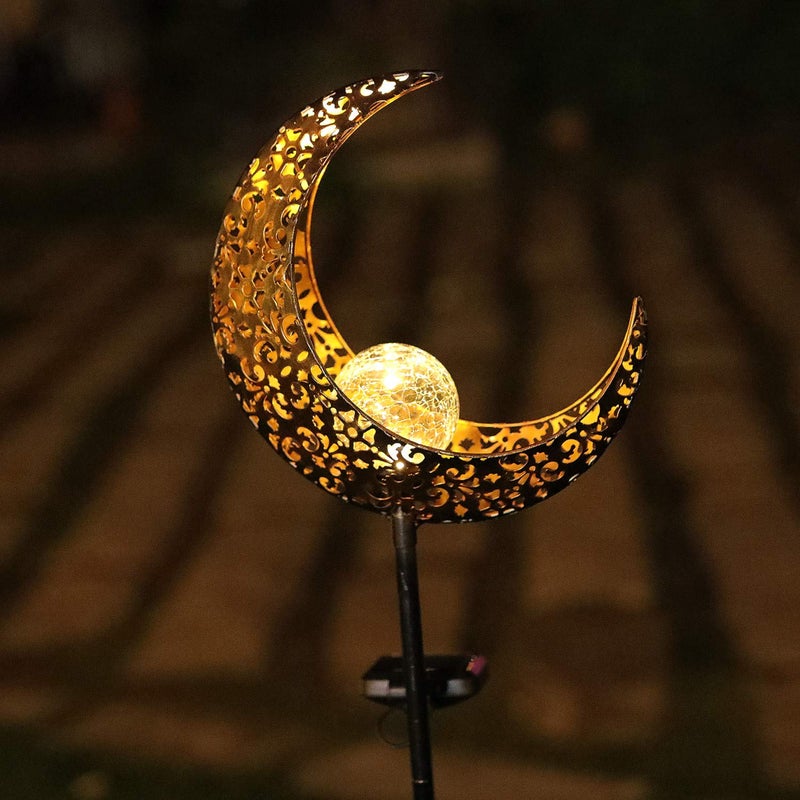 Starryfill Moon-Shaped Garden Solar Lights, Outdoor Bronze Metal Waterproof Stake with Crackle Glass Globe Warm White LED for Pathway Lawn Patio or Courtyard - Image 5